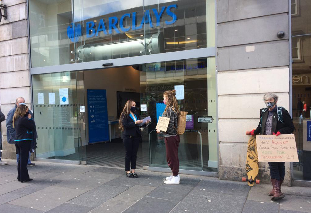 Extinction Rebellion Glasgow activists deliver a letter to the manager of a Barclays branch - 5 May 2021