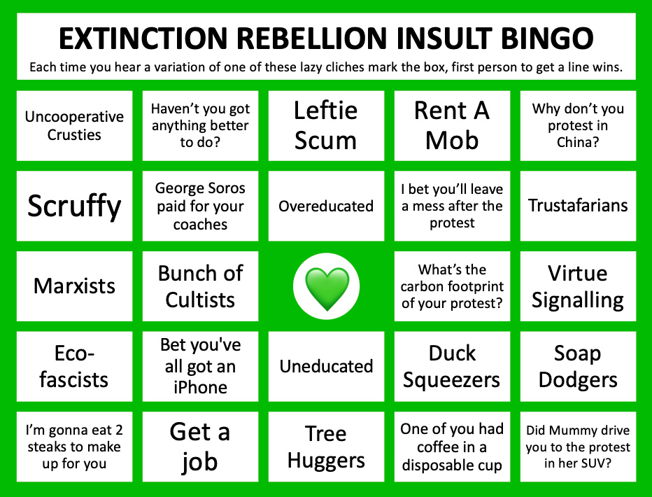 Extinction Rebellion Insult Bingo card