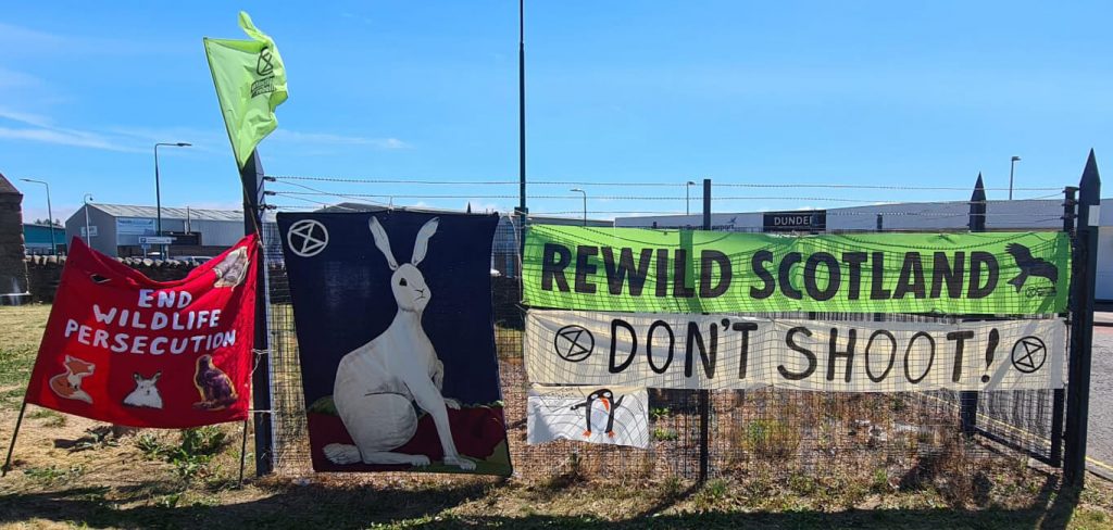 Banners hung on fence: End Wildlife Persecution and Rewild Scotland and Don't Shoot